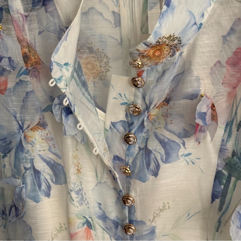 Zimmermann Halliday Plunge Midi Cream Floral Midi Dress - Picture 3 of 7